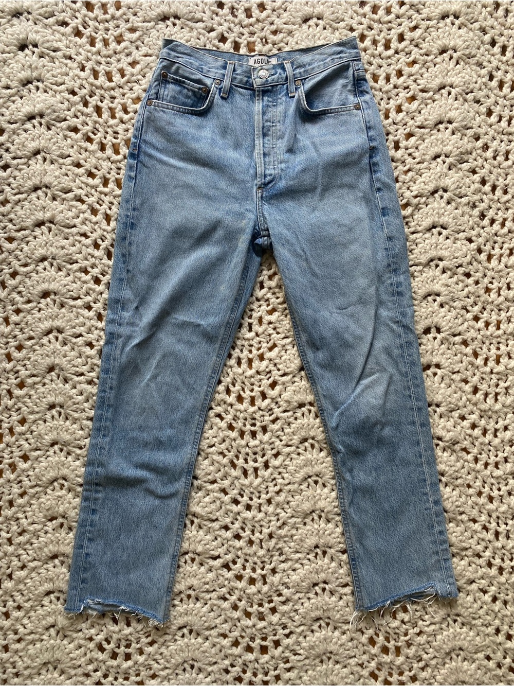 Agolde light/medium blue denim high waisted jeans, frayed hem, size 26